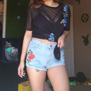 Set: Floral Denim Shorts and Mesh Top